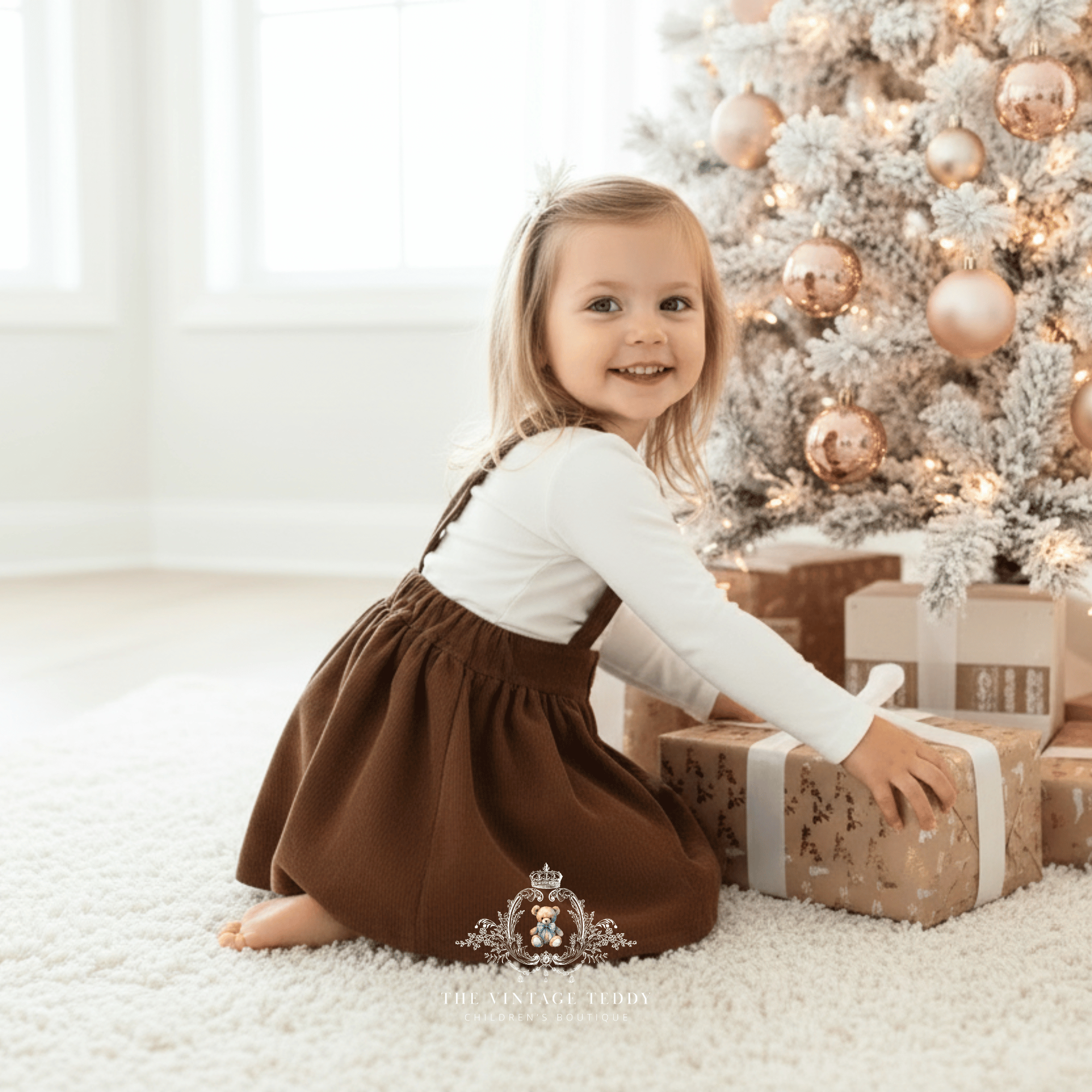 A little girl holding a gift box, sitting on a white shag rug in front of a decorated Christmas tree, wearing a brown suspender skirt for kids over a white long-sleeve top, white tights, with wrapped gifts and presents under the tree. The Vintage Teddy watermark in white at the bottom of the image.