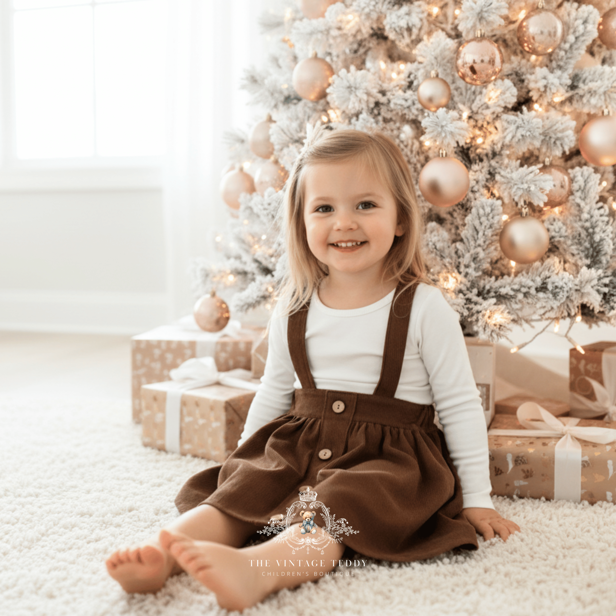 A young child sitting on a white shag rug in front of a decorated Christmas tree, smiling and wearing a corduroy suspender children's skirt in a brown color over a white long-sleeve top, white tights, with wrapped gifts and presents under the tree. A logo is visible at the bottom with teddy bear, crest and The Vintage Teddy text.