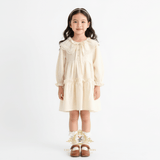 Girls Long Sleeve Eyelet Embroidered Lace Bib Collar Dress Cream