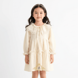 Girls Long Sleeve Eyelet Embroidered Lace Bib Collar Dress Cream