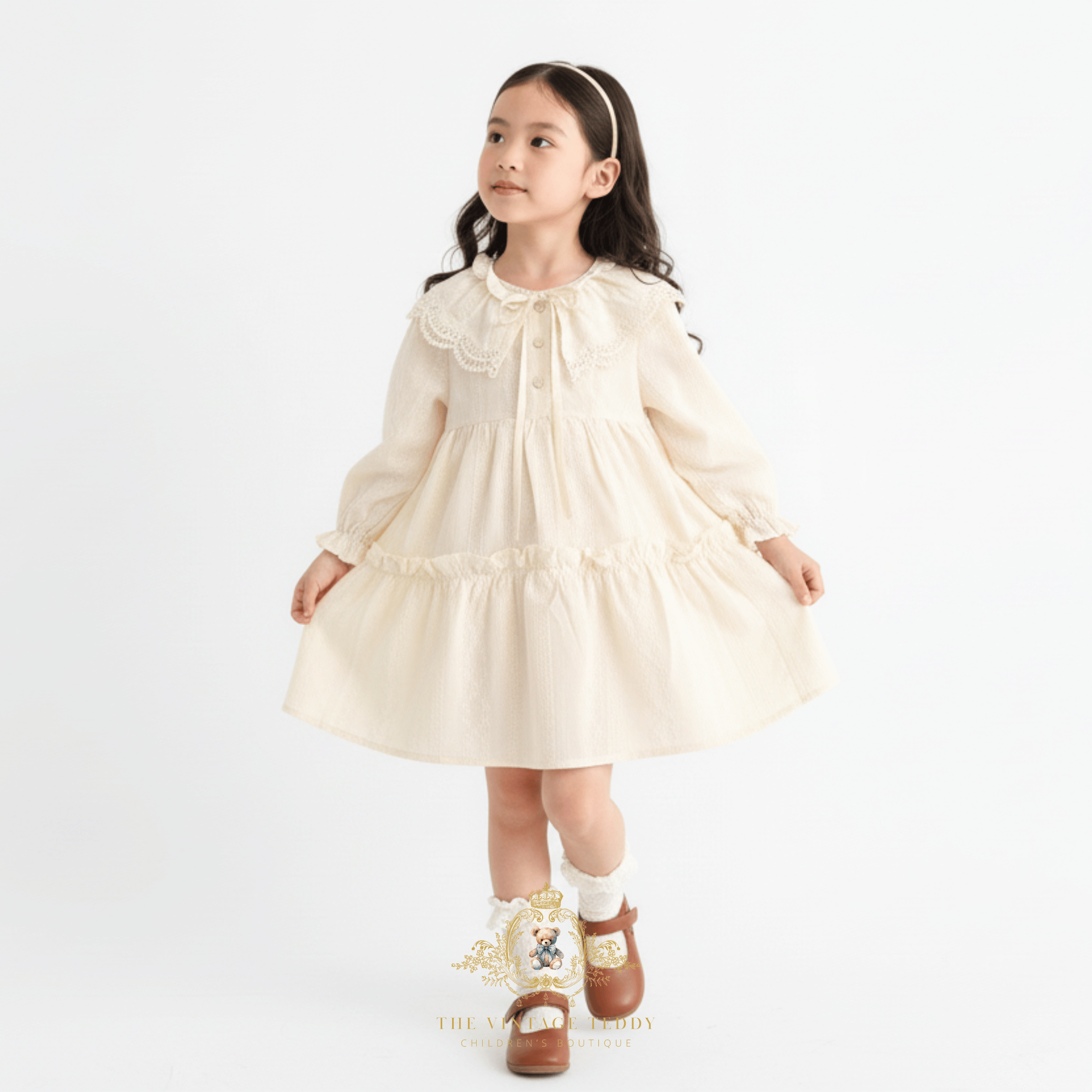 Girls Long Sleeve Eyelet Embroidered Lace Bib Collar Dress Cream