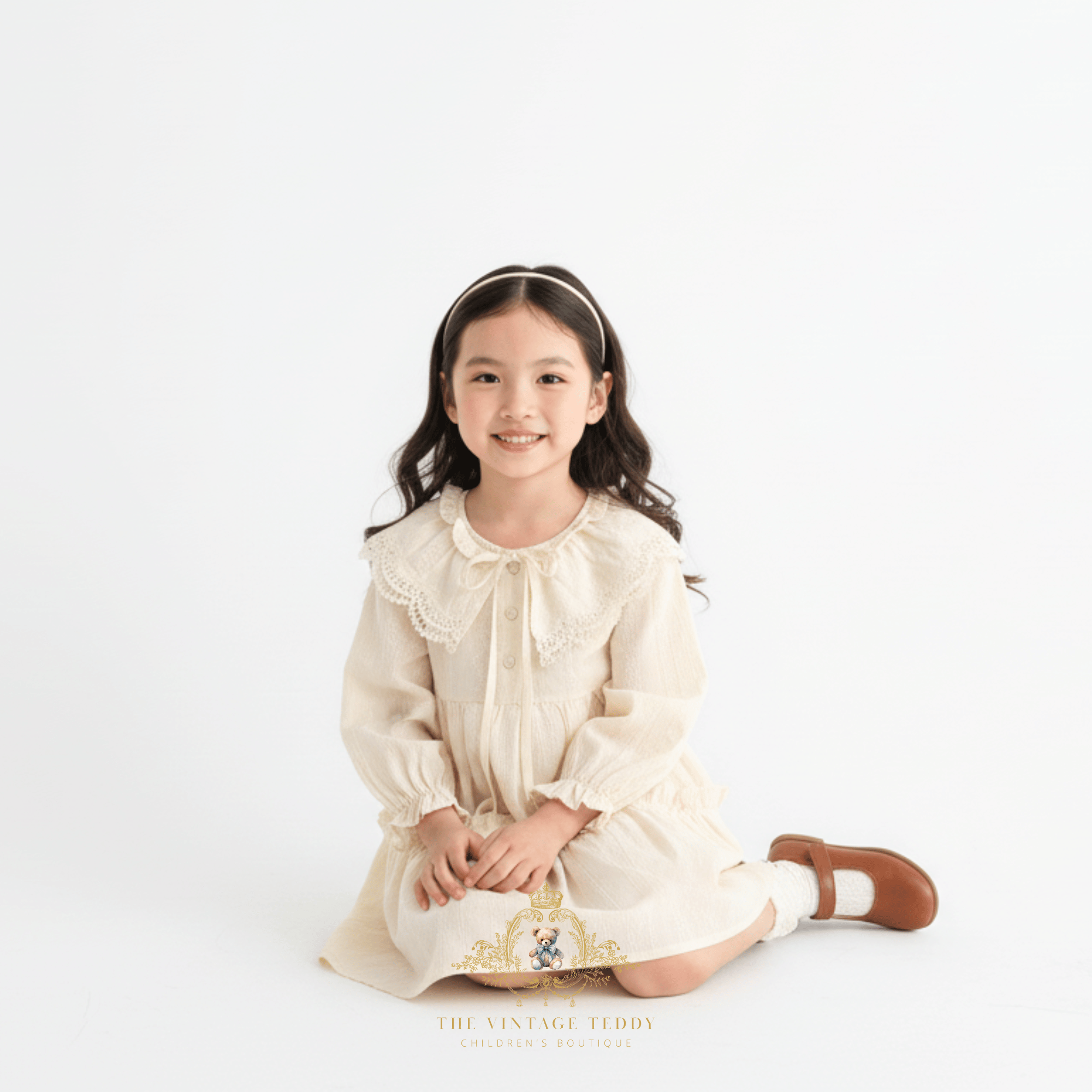 Girls Long Sleeve Cream Eyelet Lace Bib Collar Dress