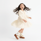 Girls Long Sleeve Eyelet Embroidered Lace Bib Collar Dress Cream
