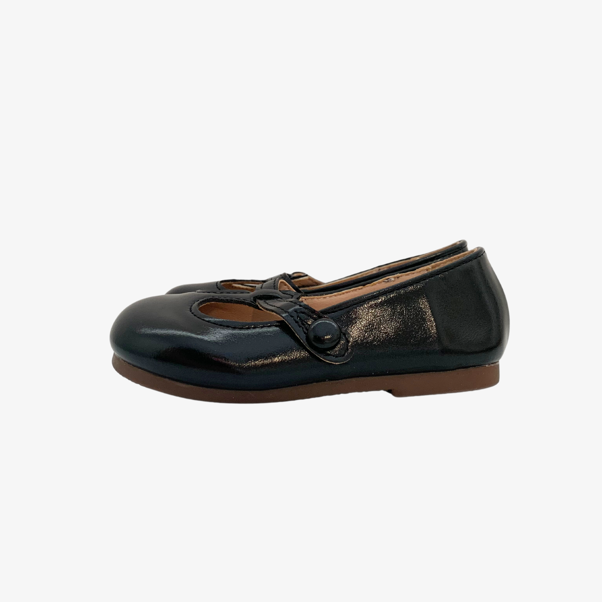 Little Girls black Mary Jane flats left side view vintage toddler kids dress shoes children's boutique accessories
