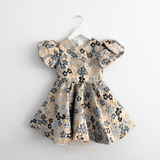Girls Fine Jacquard Celebration Dress Floral Blue & Gold