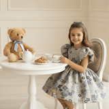 Girls Fine Jacquard Celebration Dress Floral Blue & Gold