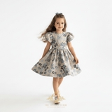 Girls Fine Jacquard Celebration Dress Floral Blue & Gold