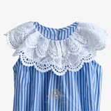 Girls Lace Bib Collar Romper Bubble Blue & White Stripes