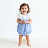 Girls Lace Bib Collar Romper Bubble Blue & White Stripes