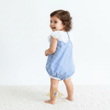 Girls Lace Bib Collar Romper Bubble Blue & White Stripes