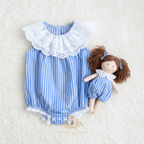 Girls Lace Bib Collar Romper Bubble Blue & White Stripes