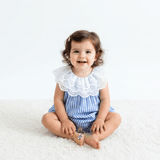 Girls Lace Bib Collar Romper Bubble Blue & White Stripes