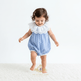 Girls Lace Bib Collar Romper Bubble Blue & White Stripes
