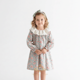 Girls Long Sleeve Eyelet Embroidered Lace Bib Collar Floral Dress
