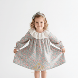 Girls Long Sleeve Eyelet Embroidered Lace Bib Collar Floral Dress