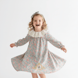 Girls Long Sleeve Eyelet Embroidered Lace Bib Collar Floral Dress