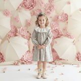 Girls Long Sleeve Eyelet Embroidered Lace Bib Collar Floral Dress