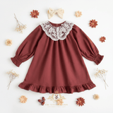 Girls Long Sleeve Lace Bib Collar Peasant Dress Crimson Brown & Cream