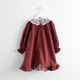 Girls Long Sleeve Lace Bib Collar Peasant Dress Crimson Brown & Cream