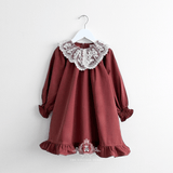 Girls Long Sleeve Lace Bib Collar Peasant Dress Crimson Brown & Cream