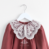 Girls Long Sleeve Lace Bib Collar Peasant Dress Crimson Brown & Cream