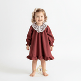 Girls Long Sleeve Lace Bib Collar Peasant Dress Crimson Brown & Cream