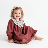 Girls Long Sleeve Lace Bib Collar Peasant Dress Crimson Brown & Cream