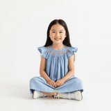 Girls Smocked Bishop Dress Blue & Orange