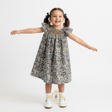 Girls Bishop Floral Smocked Dress Blue & Green
