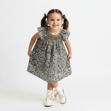 Girls Bishop Floral Smocked Dress Blue & Green