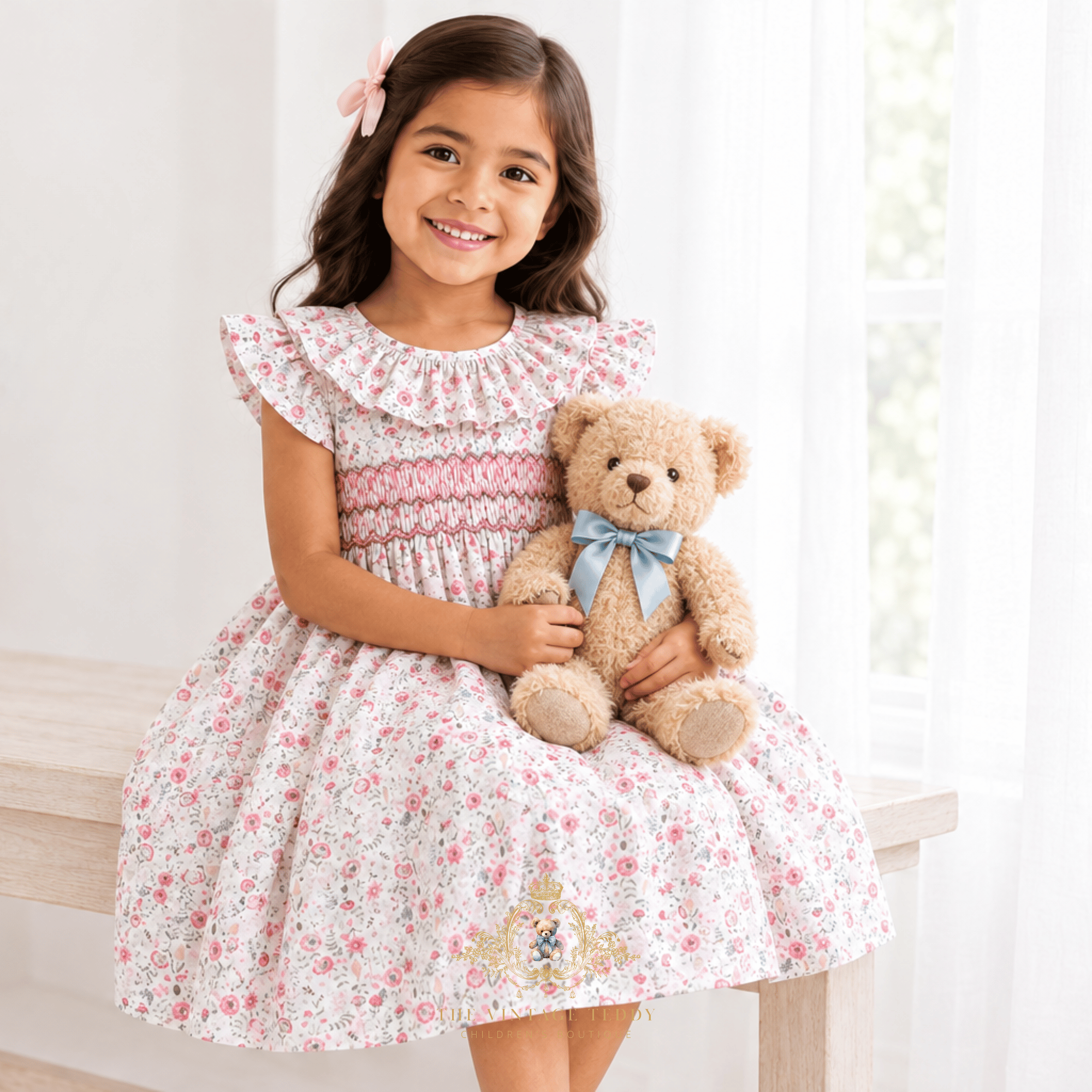 A young girl with long brown hair sits on a light wooden bench, wearing a white smock dress for kids with a pink and white  floral pattern and holding a brown teddy bear with a blue bow. The background is a bright, softly lit room with white curtains.