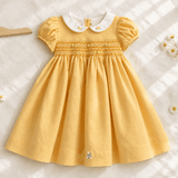 Girls Smocked Floral Embroidery Dress Yellow