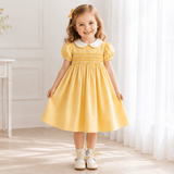 Girls Smocked Floral Embroidery Dress Yellow