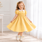 Girls Smocked Floral Embroidery Dress Yellow