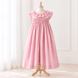 Girls Smocked Dress Rose Embroidery Pink