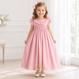 Girls Smocked Dress Rose Embroidery Pink