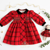 Girls Long Sleeve Embroidered Smocked Dress Plaid