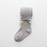 A light gray ribbed knit kids sock with a matching gray satin bow displayed on a clean white background.