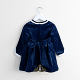 Girls Plush Velvet Embroidered Smocked Dress Royal Blue