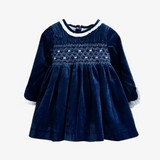 Girls Plush Velvet Embroidered Smocked Dress Royal Blue