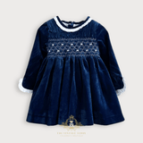 Girls Plush Velvet Embroidered Smocked Dress Royal Blue