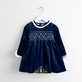 Girls Plush Velvet Embroidered Smocked Dress Royal Blue
