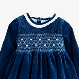 Girls Plush Velvet Embroidered Smocked Dress Royal Blue