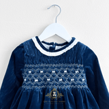 Girls Plush Velvet Embroidered Smocked Dress Royal Blue