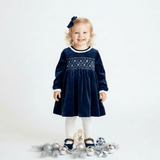 Girls Plush Velvet Embroidered Smocked Dress Royal Blue