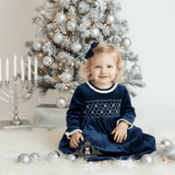 Girls Plush Velvet Embroidered Smocked Dress Royal Blue