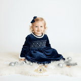 Girls Plush Velvet Embroidered Smocked Dress Royal Blue