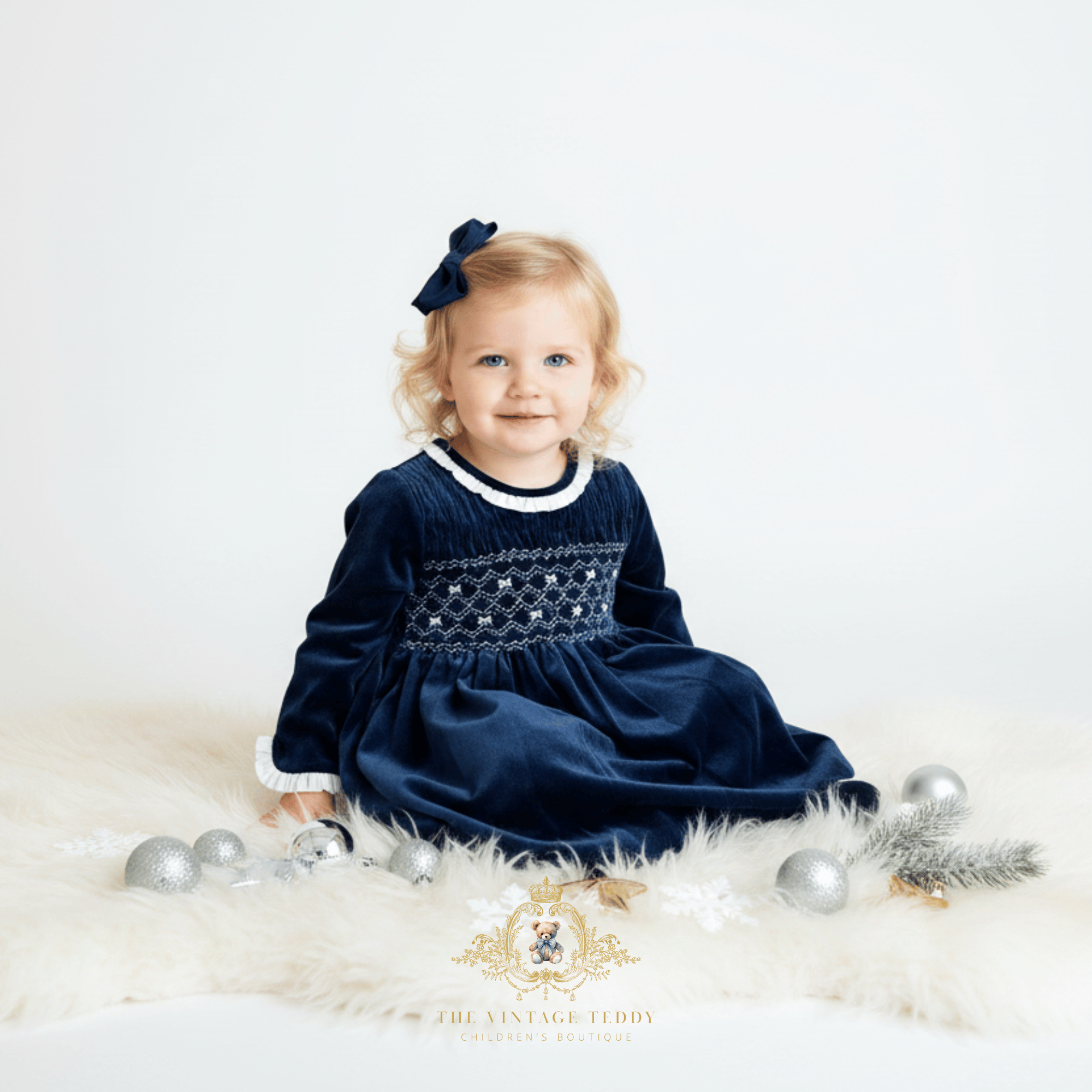 Girls Plush Velvet Embroidered Smocked Dress Royal Blue