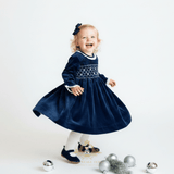 Girls Plush Velvet Embroidered Smocked Dress Royal Blue