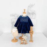 Girls Plush Velvet Embroidered Smocked Dress Royal Blue